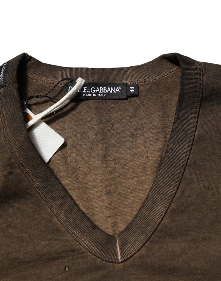 Dolce &amp; Gabbana Dark Brown Cotton Tattered Logo Men T-shirt by Dolce &amp; Gabbana outlet now on sale