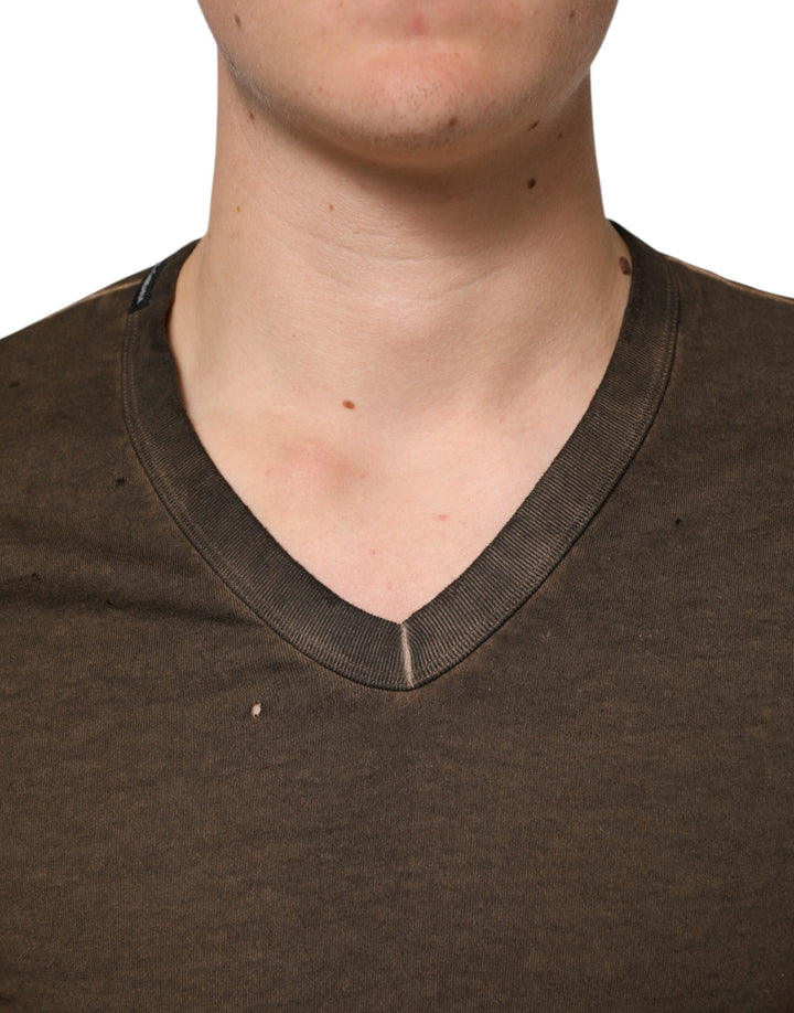 Dolce &amp; Gabbana Dark Brown Cotton Tattered Logo Men T-shirt by Dolce &amp; Gabbana outlet now on sale