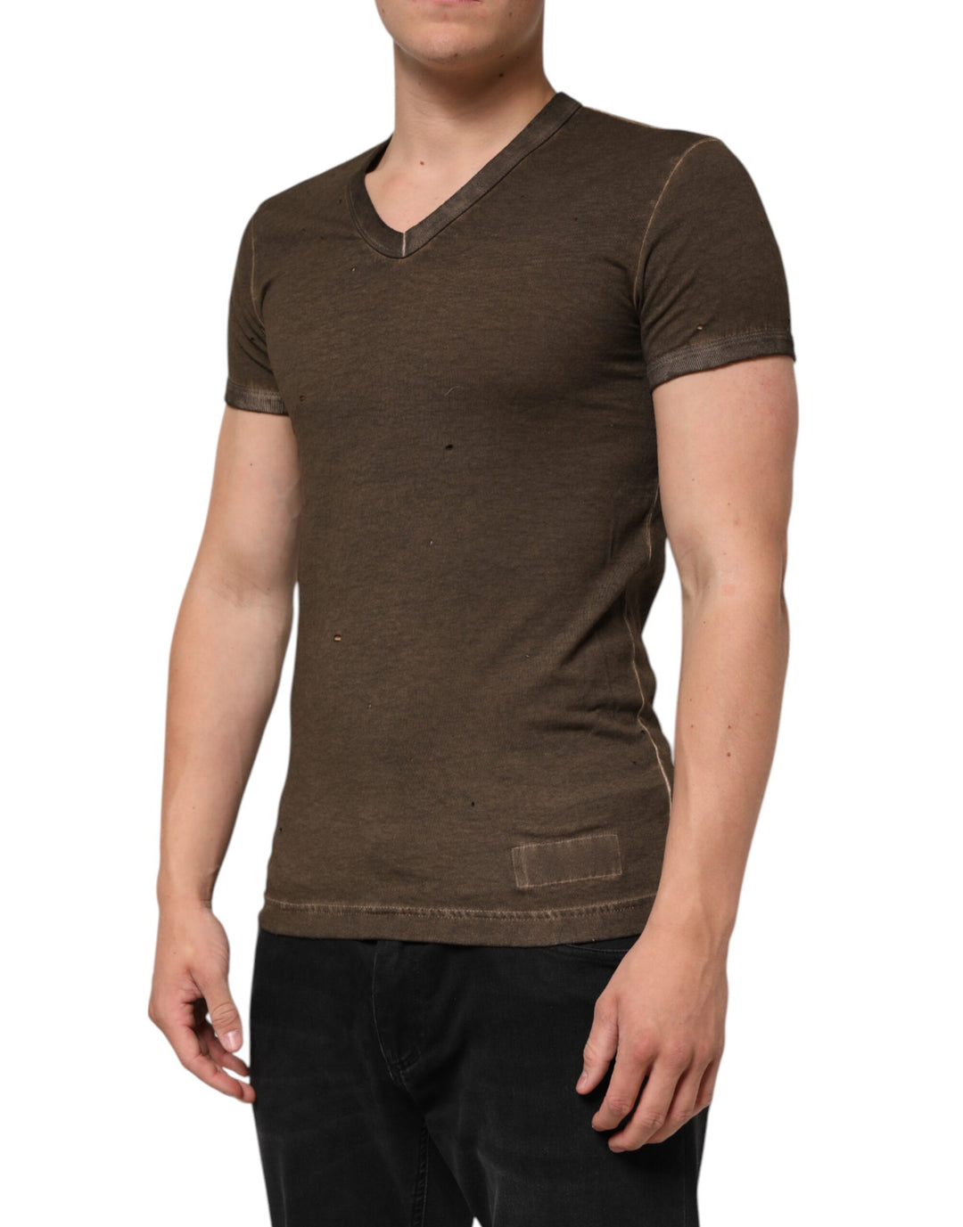 Dolce &amp; Gabbana Dark Brown Cotton Tattered Logo Men T-shirt by Dolce &amp; Gabbana outlet now on sale