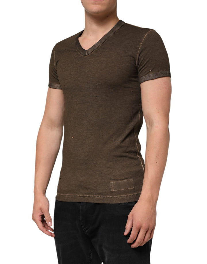 Dolce &amp; Gabbana Dark Brown Cotton Tattered Logo Men T-shirt by Dolce &amp; Gabbana outlet now on sale