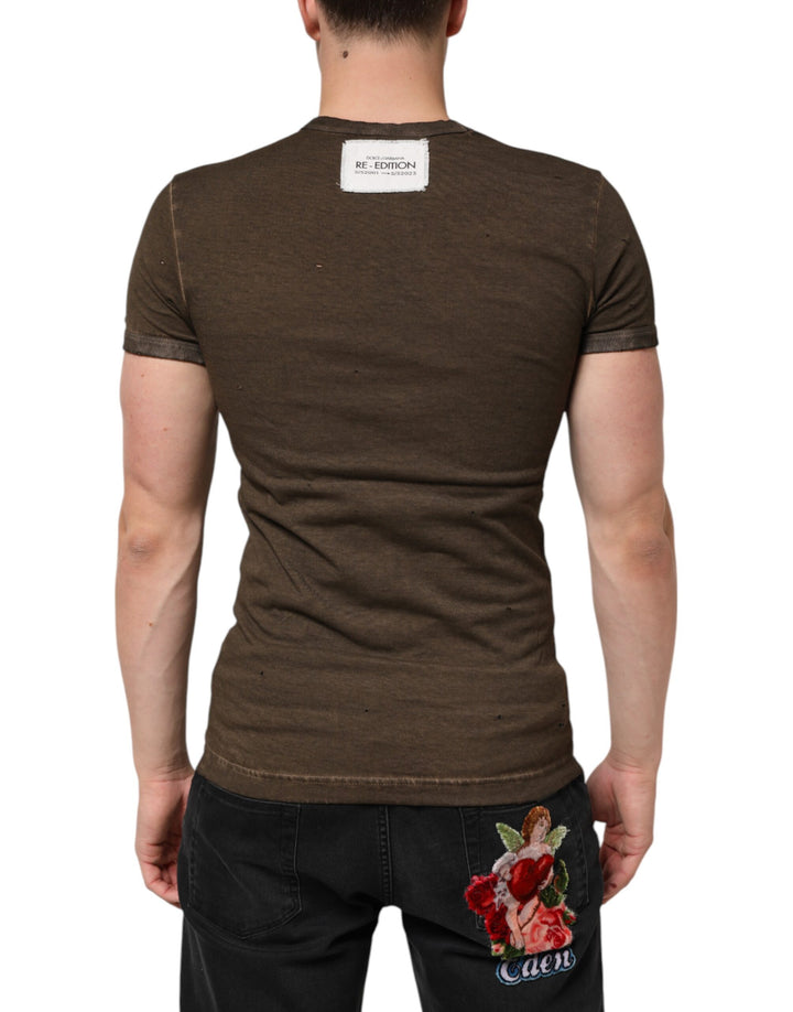 Dolce &amp; Gabbana Dark Brown Cotton Tattered Logo Men T-shirt by Dolce &amp; Gabbana outlet now on sale