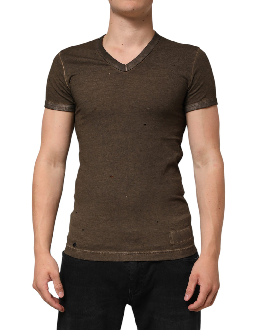 Dolce &amp; Gabbana Dark Brown Cotton Tattered Logo Men T-shirt by Dolce &amp; Gabbana outlet now on sale