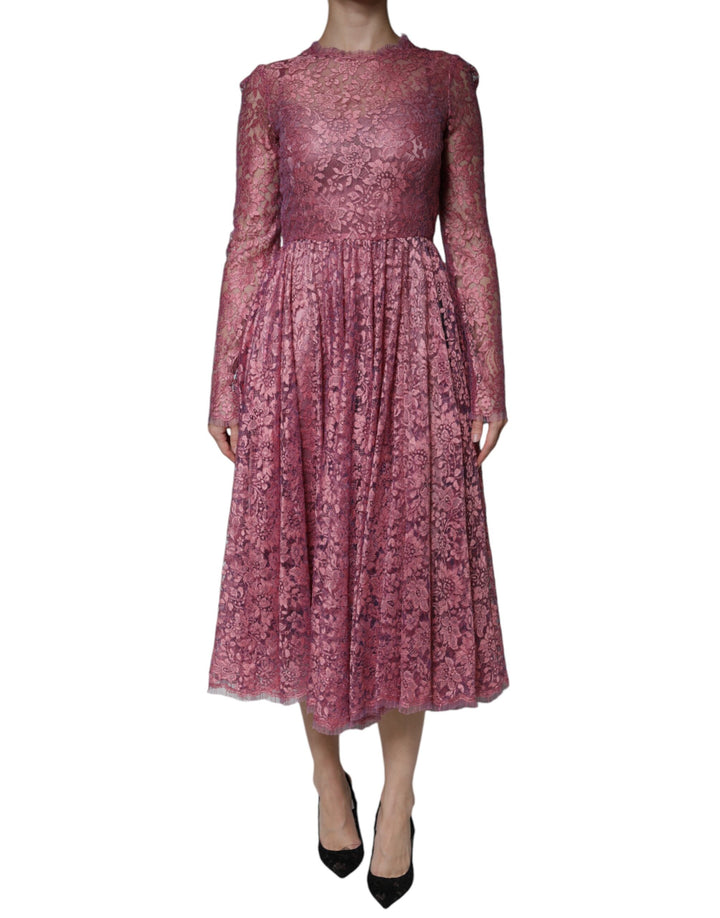Dolce &amp; Gabbana Sample Sale Dolce &amp; Gabbana Pink Floral Lace Long Sleeve Midi Dress - | Designer outlet