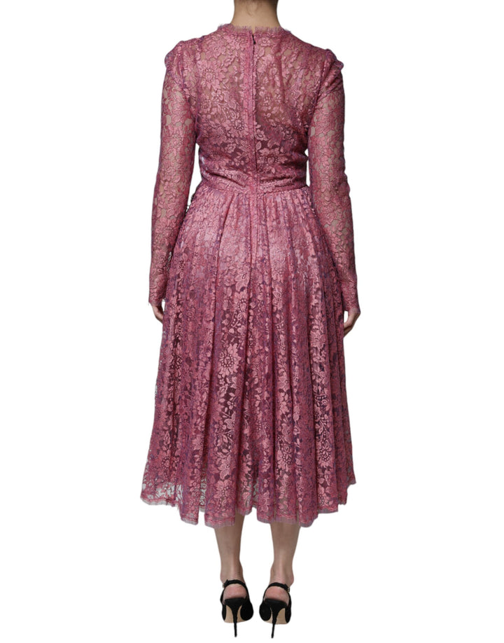 Dolce &amp; Gabbana Sample Sale Dolce &amp; Gabbana Pink Floral Lace Long Sleeve Midi Dress - | Designer outlet