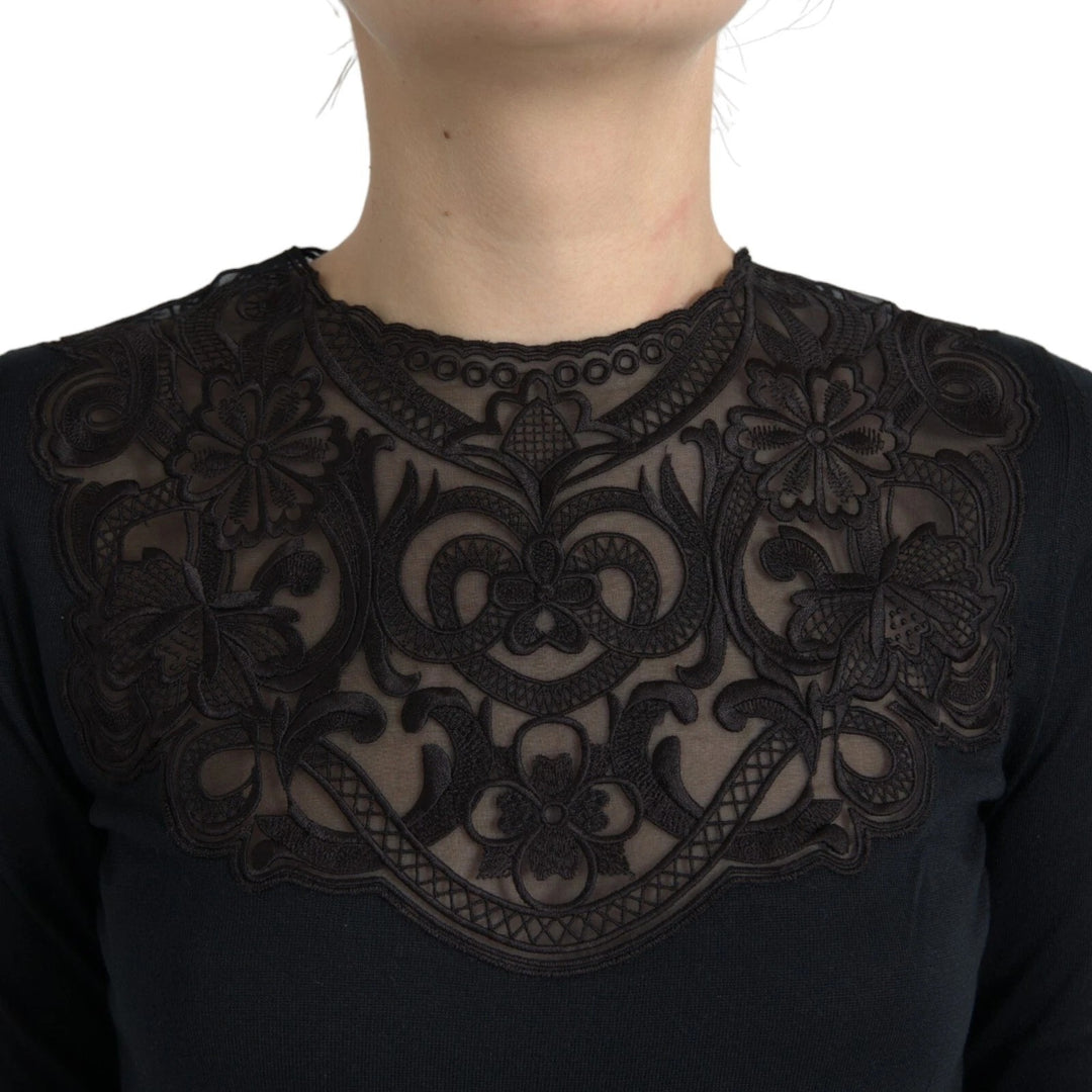 Dolce &amp; Gabbana Sample Sale Dolce &amp; Gabbana Black Silk Lace Trim Long Sleeves Blouse Top - | Designer outlet
