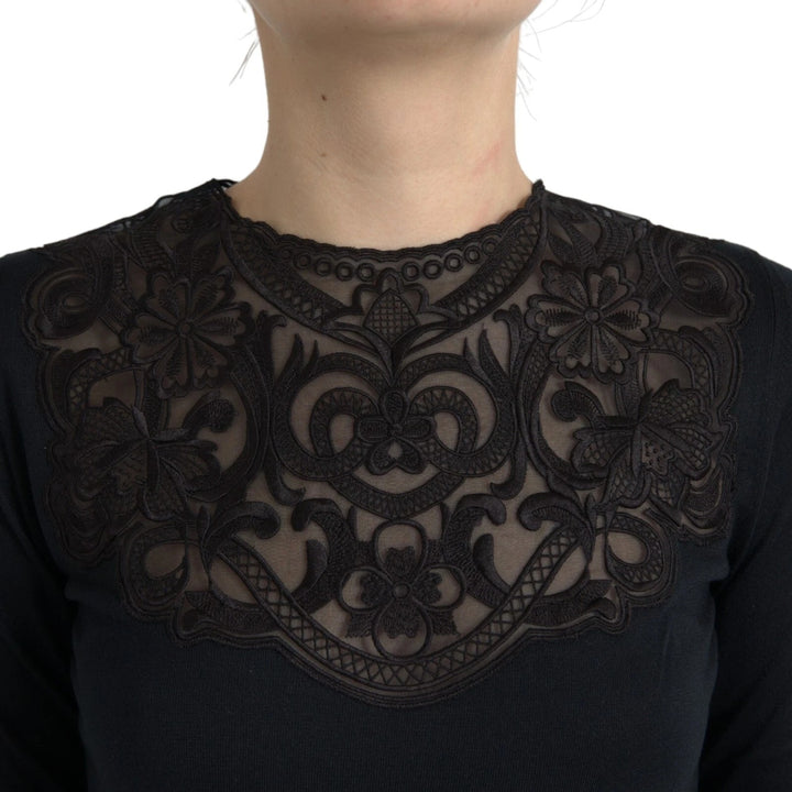 Dolce &amp; Gabbana Sample Sale Dolce &amp; Gabbana Black Silk Lace Trim Long Sleeves Blouse Top - | Designer outlet