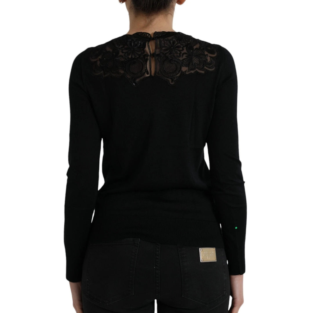 Dolce &amp; Gabbana Sample Sale Dolce &amp; Gabbana Black Silk Lace Trim Long Sleeves Blouse Top - | Designer outlet