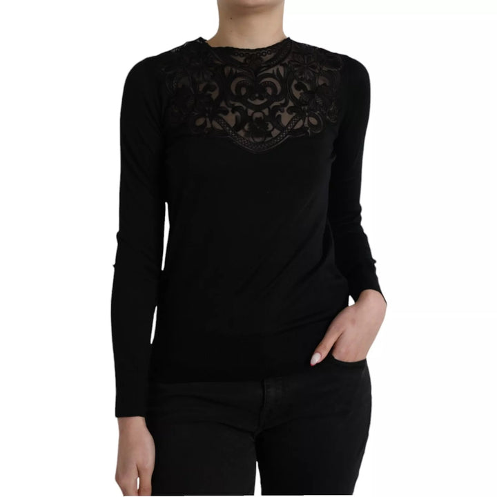 Dolce &amp; Gabbana Black Silk Lace Trim Long Sleeves Blouse Top by Dolce &amp; Gabbana outlet now on sale