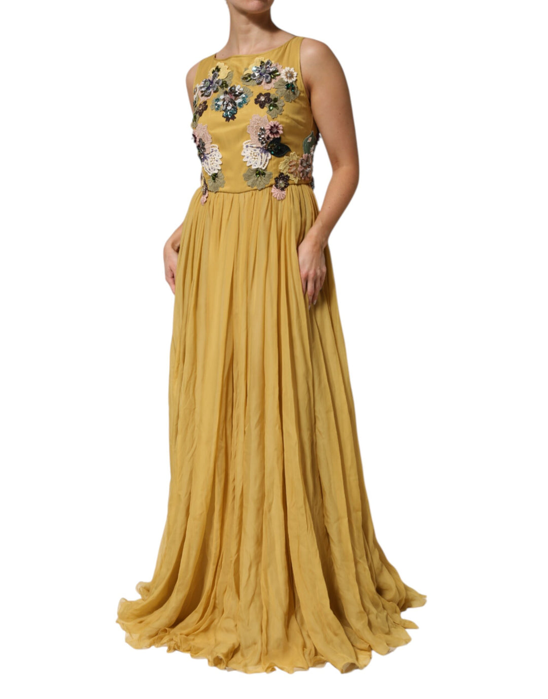 Dolce & Gabbana Enchanting Yellow Silk Floral Appliqué Gown