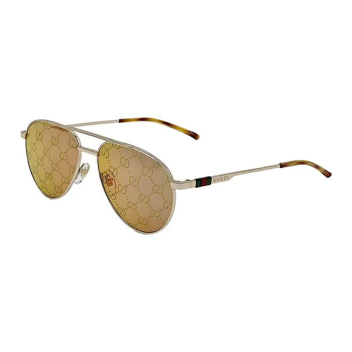 Gucci Sunglasses Aviator Full Rim, Shiny Gold Frame And Yellow With Gg Logo Pattern Mirror Lens
