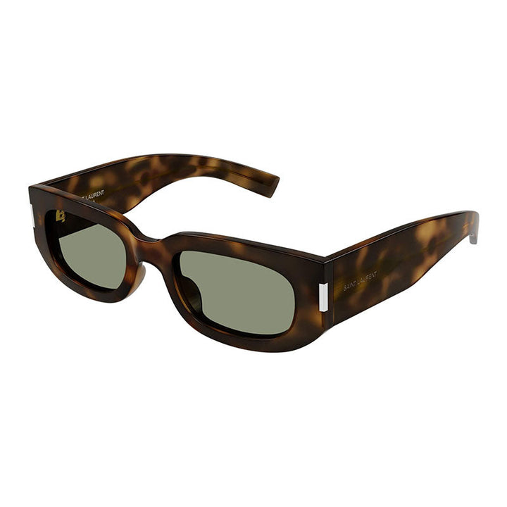 Saint Laurent Sunglasses Rectangle Full Rim, Shiny Havana Frame and Green Lens SL697002
