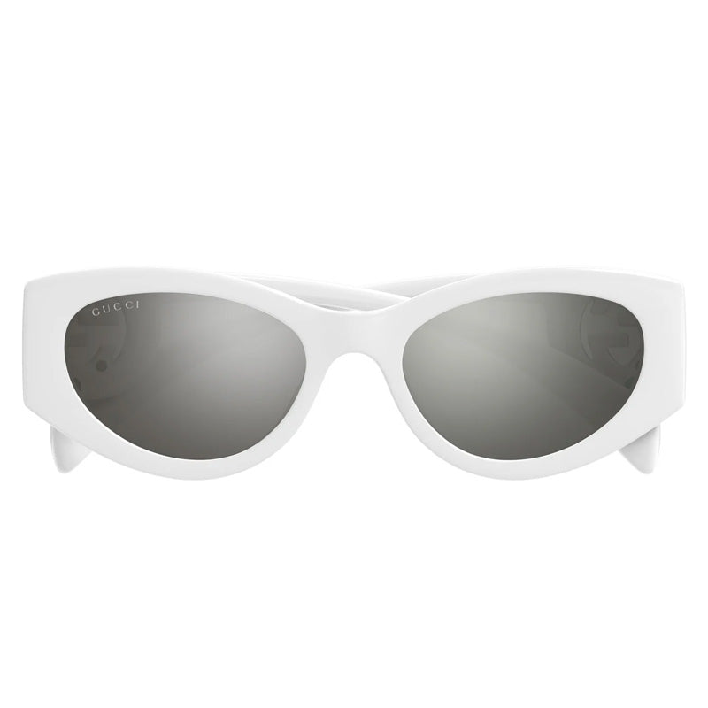 Gucci Cat Eye Full Rim, with a White frame and Grey Silver Mirror lens.