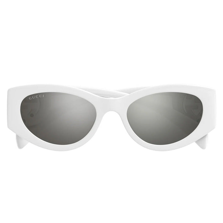 Gucci Cat Eye Full Rim, with a White frame and Grey Silver Mirror lens.