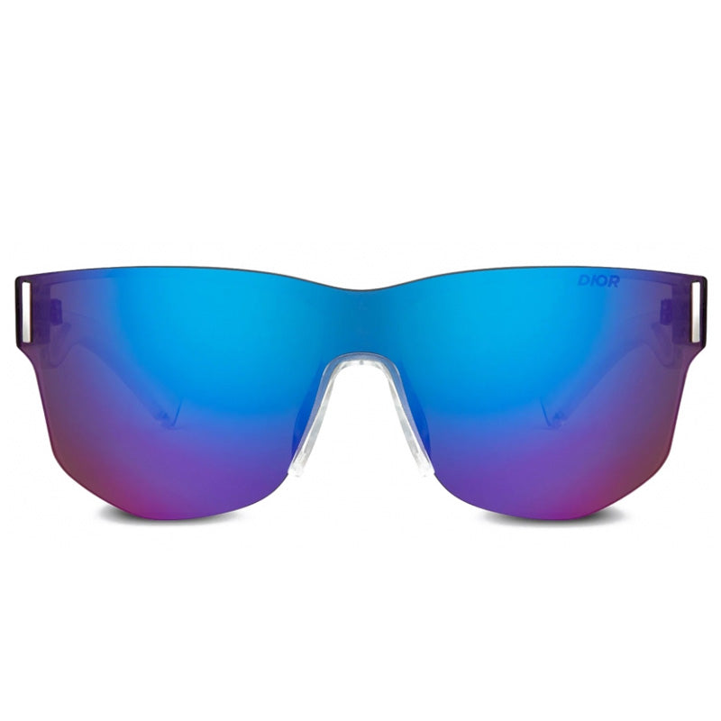 Dior Shield Rimless, with a Crystal frame and Blue with Red Flash lens.