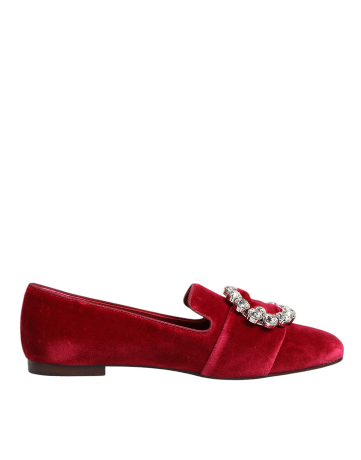 Dolce & Gabbana Red Velvet Crystal Buckle Loafers Flats Shoes