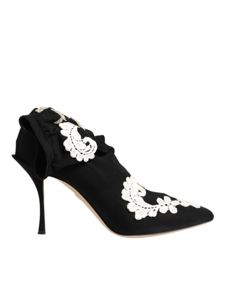 Dolce &amp; Gabbana Black White Embroidered Jersey Stiletto Boots Shoes