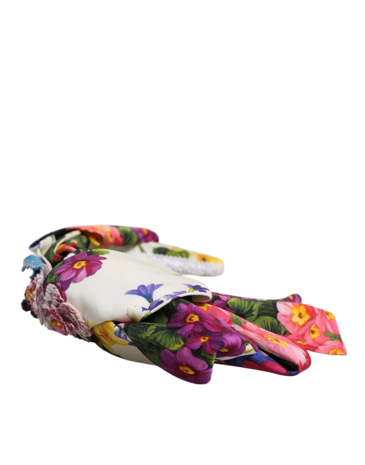 Dolce &amp; Gabbana Sample Sale Dolce &amp; Gabbana White Multicolor Floral Silk Bow Crystal Embellished Headband - | Designer outlet