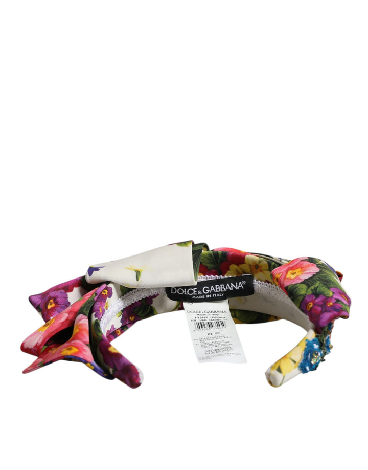 Dolce &amp; Gabbana Sample Sale Dolce &amp; Gabbana White Multicolor Floral Silk Bow Crystal Embellished Headband - | Designer outlet