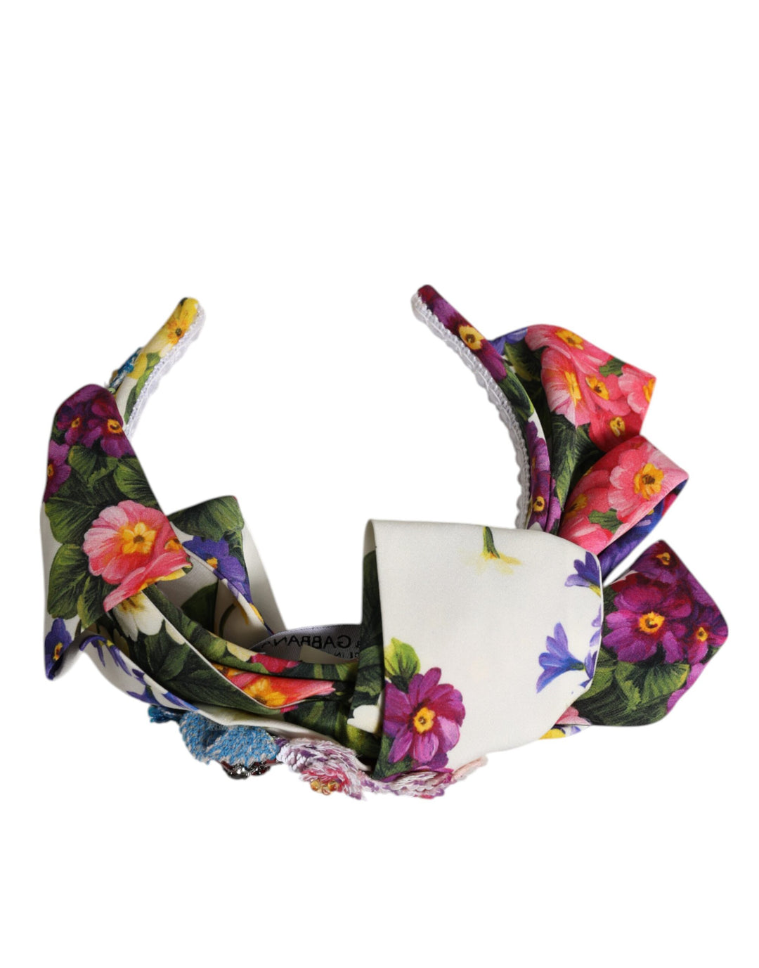 Dolce &amp; Gabbana Sample Sale Dolce &amp; Gabbana White Multicolor Floral Silk Bow Crystal Embellished Headband - | Designer outlet