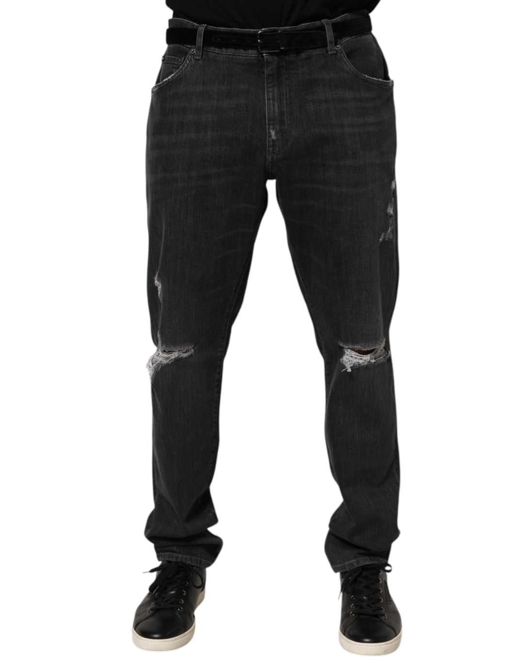 Dolce &amp; Gabbana Black Cotton Slim Fit Distressed Ripped Logo Jeans by Dolce &amp; Gabbana outlet now on sale