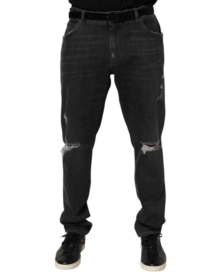 Dolce &amp; Gabbana Black Cotton Slim Fit Distressed Ripped Logo Jeans by Dolce &amp; Gabbana outlet now on sale