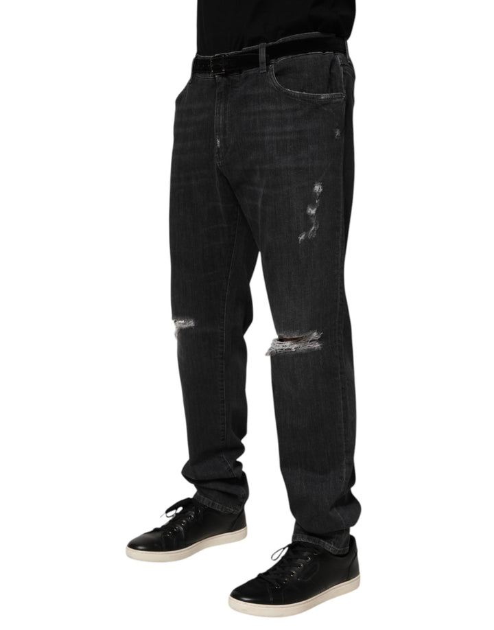 Dolce &amp; Gabbana Black Cotton Slim Fit Distressed Ripped Logo Jeans by Dolce &amp; Gabbana outlet now on sale