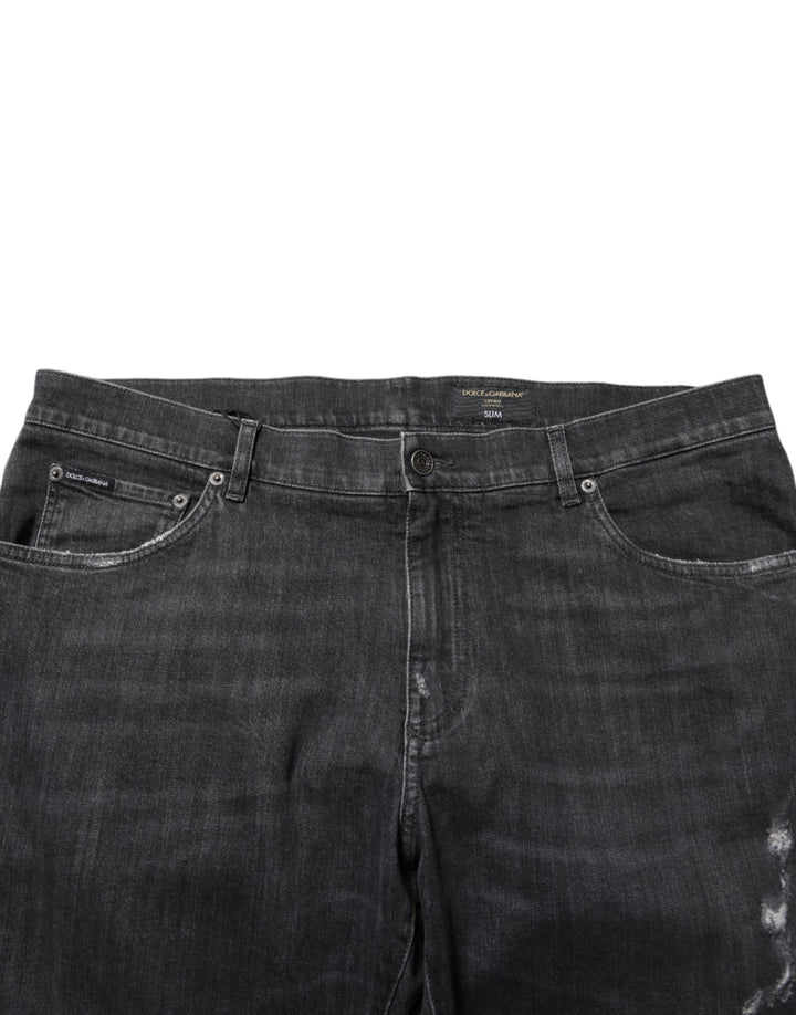 Dolce &amp; Gabbana Black Cotton Slim Fit Distressed Ripped Logo Jeans by Dolce &amp; Gabbana outlet now on sale