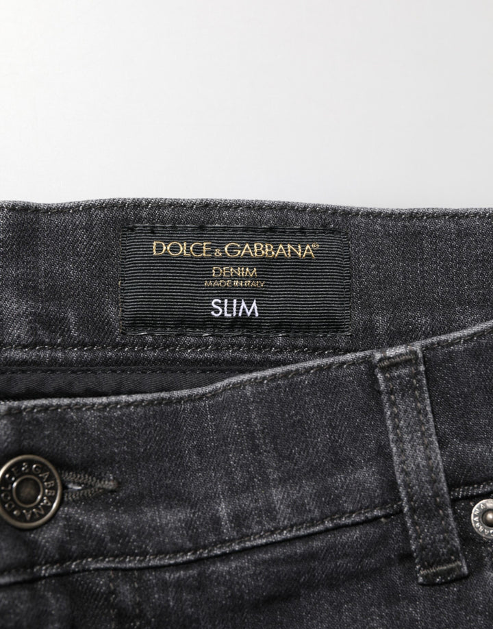 Dolce &amp; Gabbana Black Cotton Slim Fit Distressed Ripped Logo Jeans by Dolce &amp; Gabbana outlet now on sale