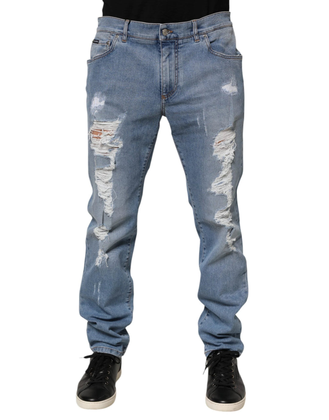 Dolce &amp; Gabbana Sample Sale Dolce &amp; Gabbana Blue Tattered Slim Fit Cotton Denim Jeans - | Designer outlet