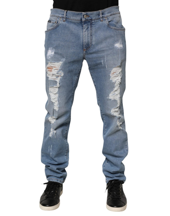 Dolce &amp; Gabbana Sample Sale Dolce &amp; Gabbana Blue Tattered Slim Fit Cotton Denim Jeans - | Designer outlet