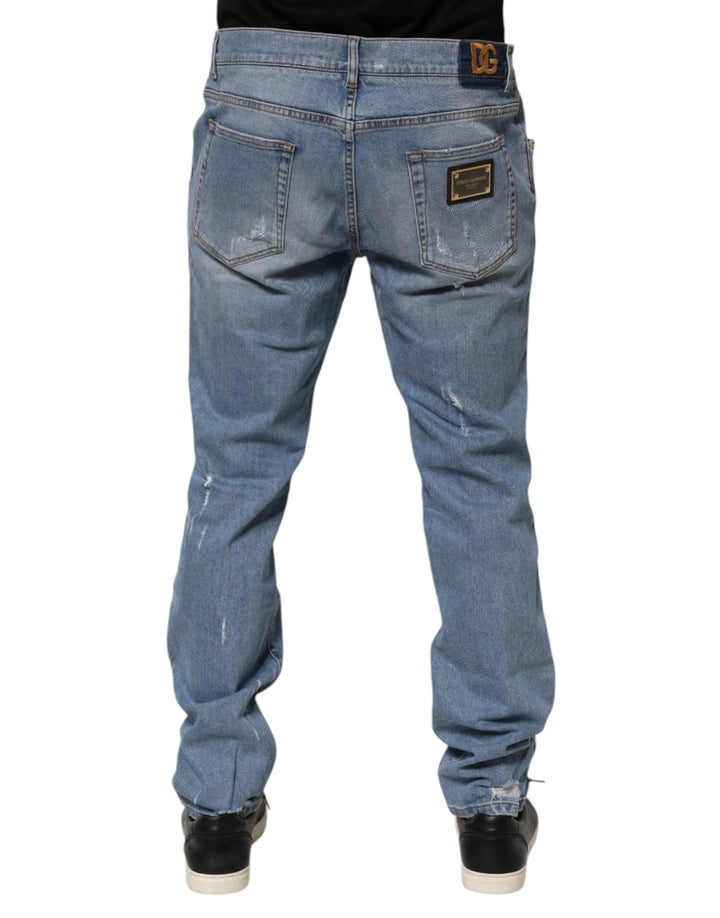 Dolce &amp; Gabbana Sample Sale Dolce &amp; Gabbana Blue Tattered Slim Fit Cotton Denim Jeans - | Designer outlet