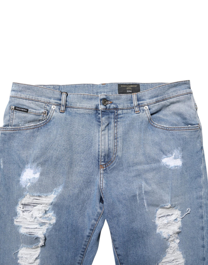 Dolce &amp; Gabbana Sample Sale Dolce &amp; Gabbana Blue Tattered Slim Fit Cotton Denim Jeans - | Designer outlet