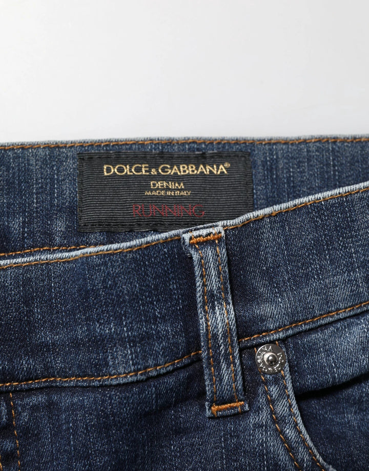 Dolce &amp; Gabbana Dark Blue Washed Running Ripped Denim Jeans by Dolce &amp; Gabbana outlet now on sale