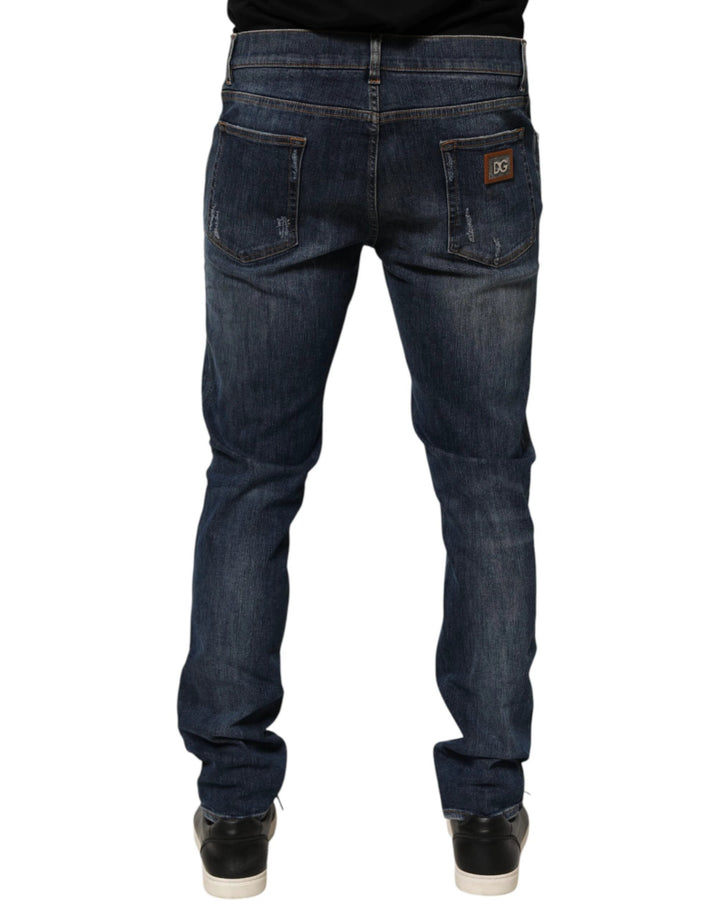 Dolce &amp; Gabbana Dark Blue Washed Running Ripped Denim Jeans by Dolce &amp; Gabbana outlet now on sale