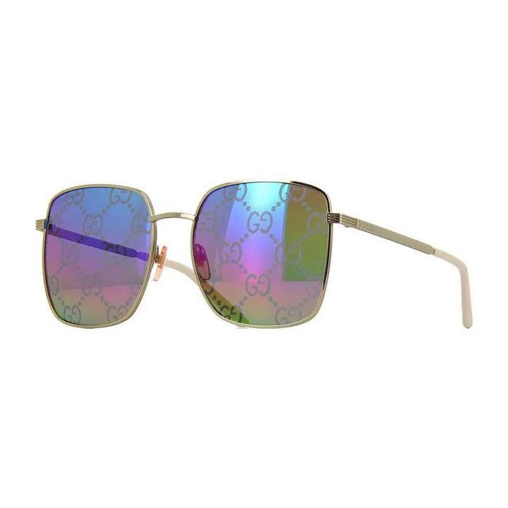 Gucci Sunglasses Square Full Rim, Gold Frame And Multicolor With Gg Pattern Mirror Lens Gg0802S004