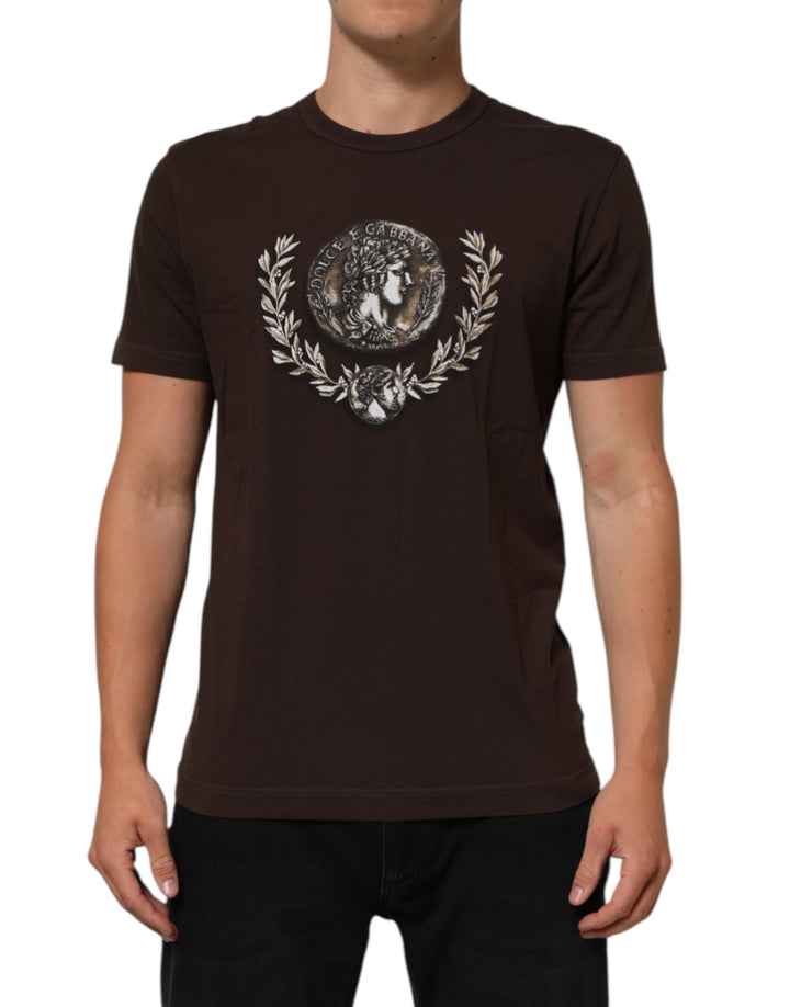 Dolce &amp; Gabbana Sample Sale Dolce &amp; Gabbana Brown Coin Laurel Print Men Crew Neck T-shirt - | Designer outlet