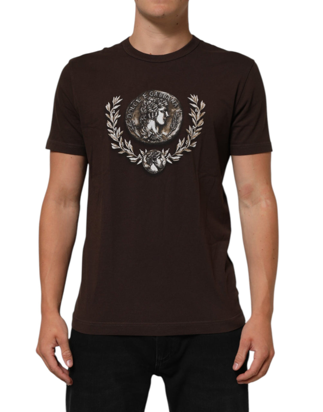 Dolce &amp; Gabbana Sample Sale Dolce &amp; Gabbana Brown Coin Laurel Print Men Crew Neck T-shirt - | Designer outlet
