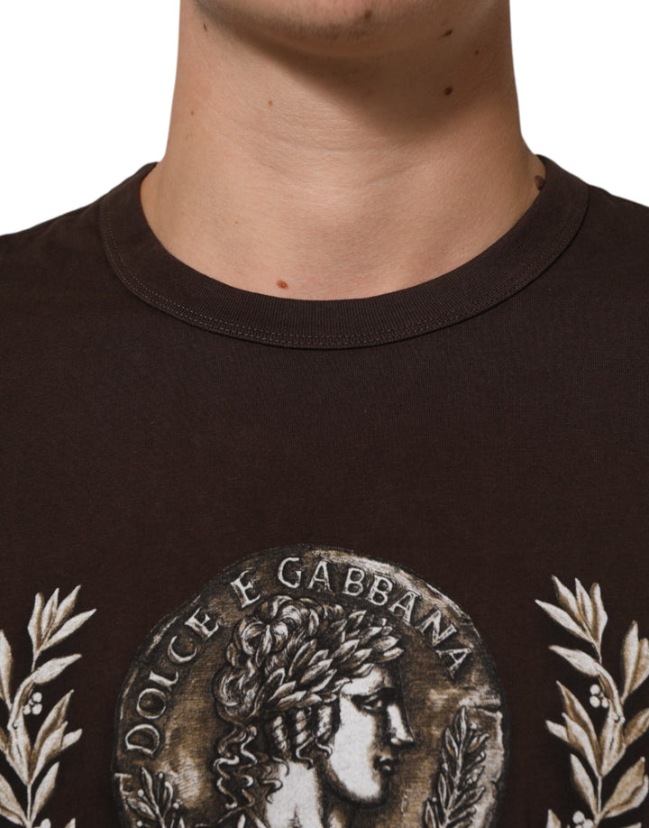 Dolce &amp; Gabbana Sample Sale Dolce &amp; Gabbana Brown Coin Laurel Print Men Crew Neck T-shirt - | Designer outlet