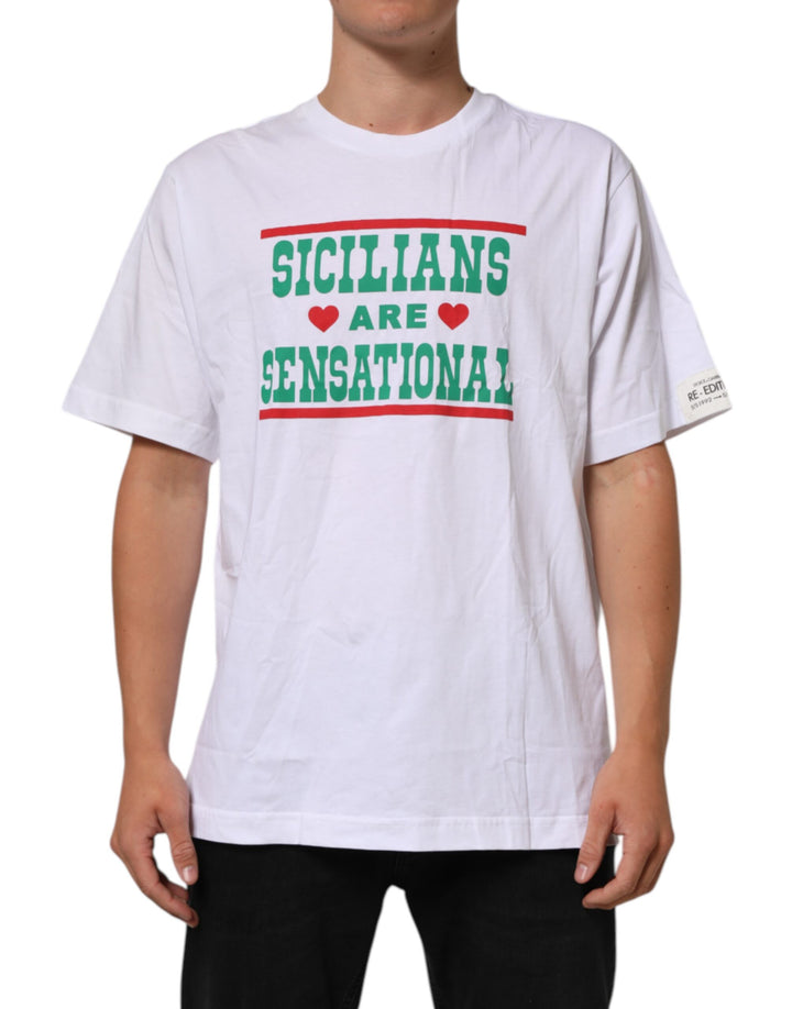 Dolce &amp; Gabbana White Graphic Print Cotton Crew Neck T-shirt by Dolce &amp; Gabbana outlet now on sale