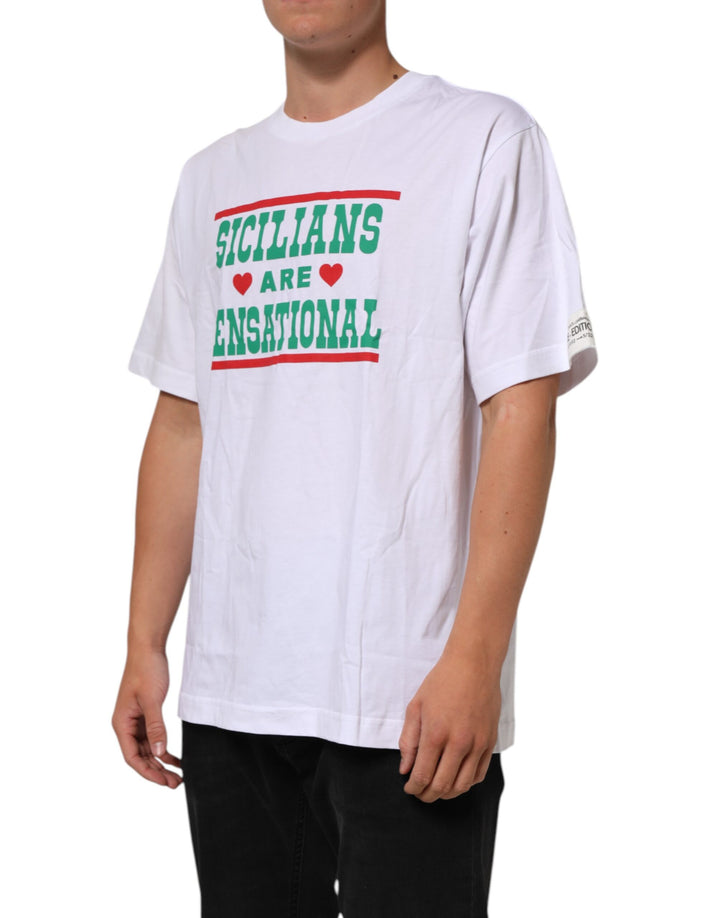 Dolce &amp; Gabbana White Graphic Print Cotton Crew Neck T-shirt by Dolce &amp; Gabbana outlet now on sale