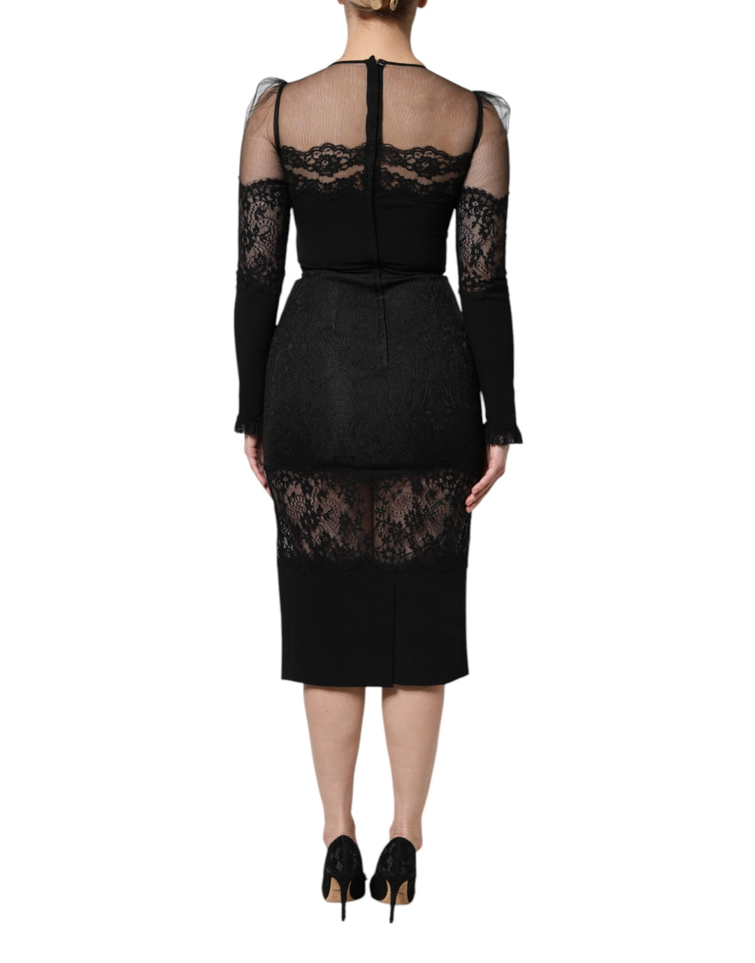Dolce &amp; Gabbana Sample Sale Dolce &amp; Gabbana Black Lace Trim Nylon Tulle SheathMidi Dress - | Designer outlet
