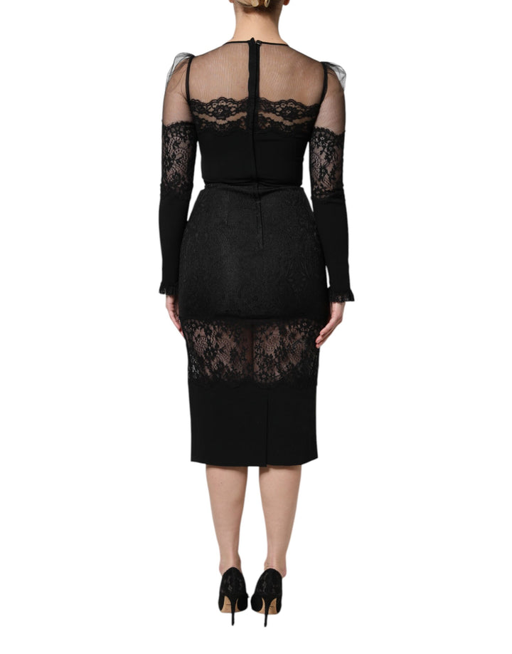 Dolce &amp; Gabbana Sample Sale Dolce &amp; Gabbana Black Lace Trim Nylon Tulle SheathMidi Dress - | Designer outlet