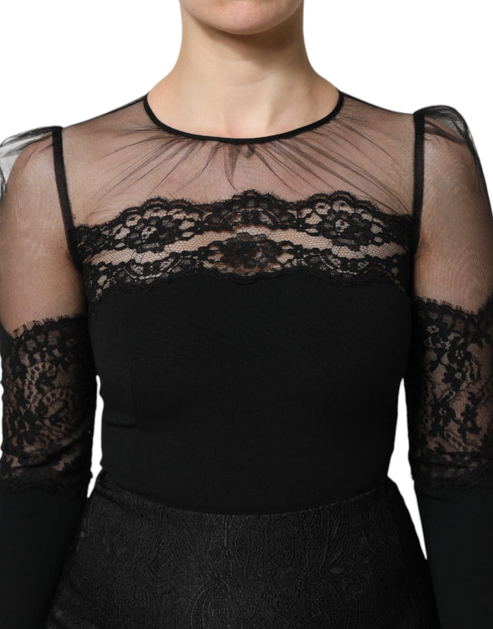 Dolce &amp; Gabbana Sample Sale Dolce &amp; Gabbana Black Lace Trim Nylon Tulle SheathMidi Dress - | Designer outlet