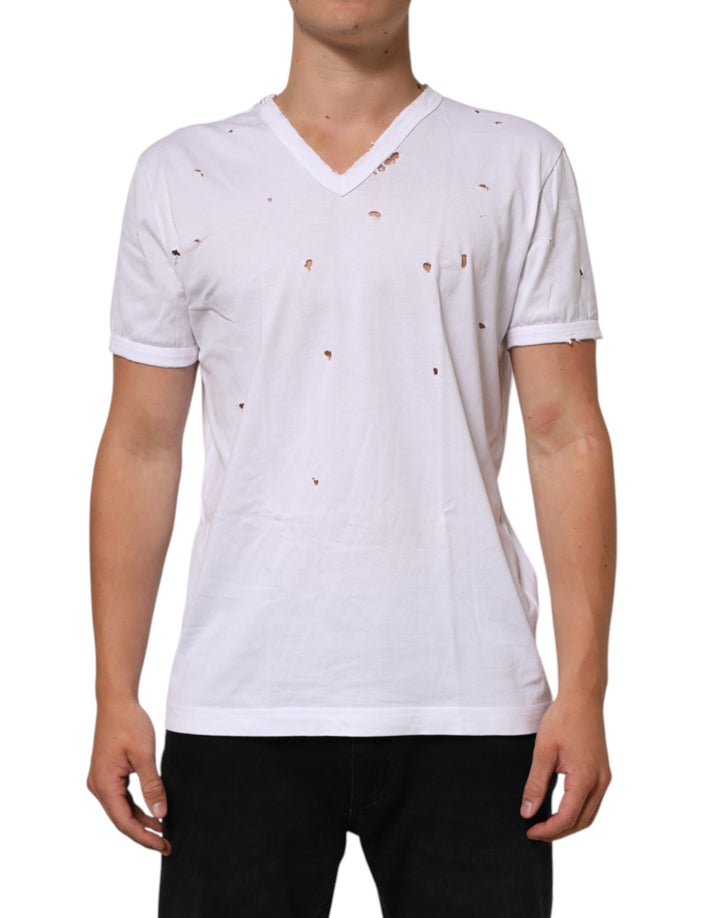 Dolce &amp; Gabbana Sample Sale Dolce &amp; Gabbana White Distressed Cotton V Neck Men T-shirt - | Designer outlet