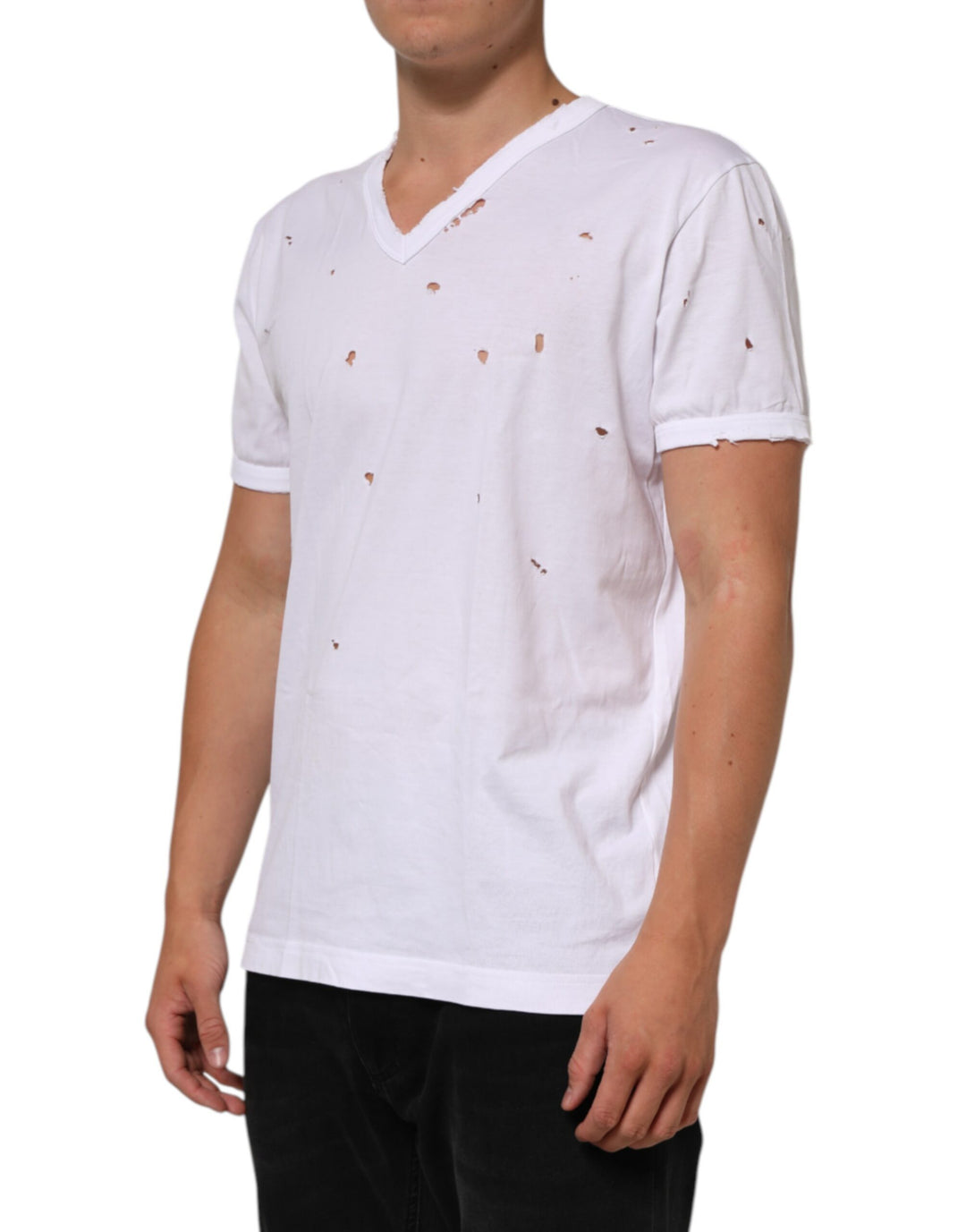 Dolce &amp; Gabbana Sample Sale Dolce &amp; Gabbana White Distressed Cotton V Neck Men T-shirt - | Designer outlet