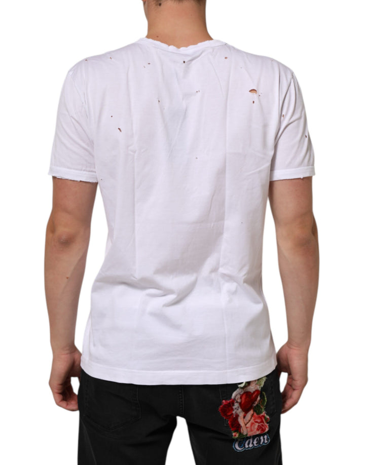 Dolce &amp; Gabbana Sample Sale Dolce &amp; Gabbana White Distressed Cotton V Neck Men T-shirt - | Designer outlet