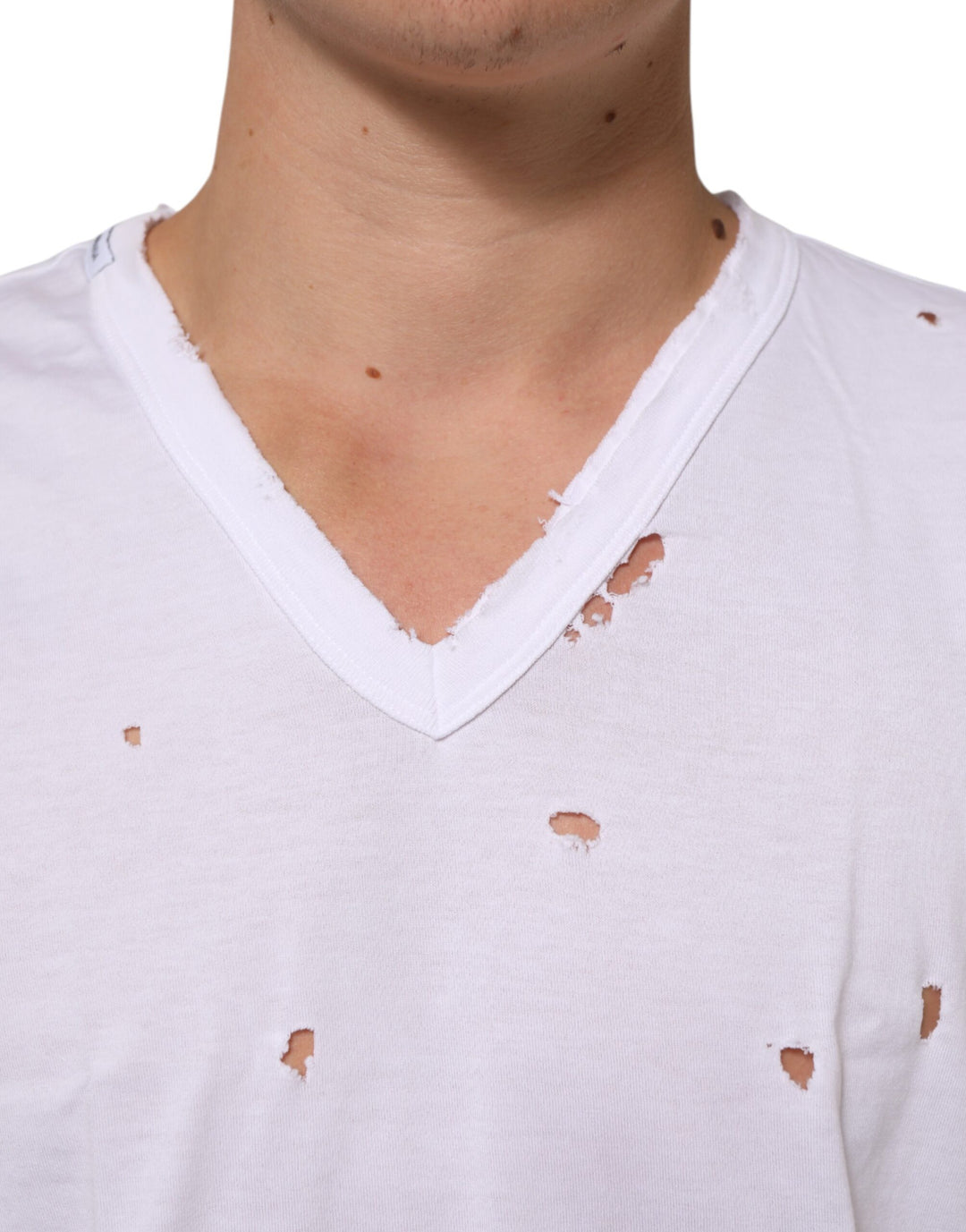 Dolce &amp; Gabbana Sample Sale Dolce &amp; Gabbana White Distressed Cotton V Neck Men T-shirt - | Designer outlet