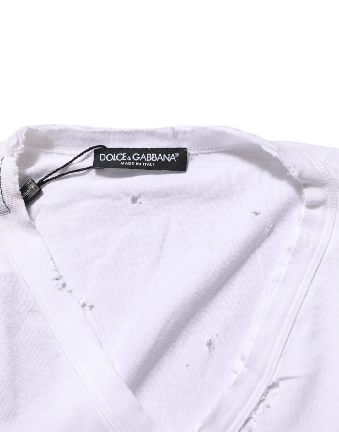 Dolce &amp; Gabbana Sample Sale Dolce &amp; Gabbana White Distressed Cotton V Neck Men T-shirt - | Designer outlet