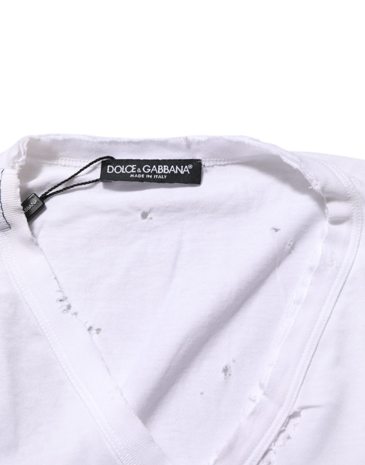 Dolce &amp; Gabbana Sample Sale Dolce &amp; Gabbana White Distressed Cotton V Neck Men T-shirt - | Designer outlet
