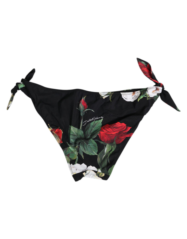 Dolce & Gabbana Black Side Tie Floral Bikini Bottom Swimwear